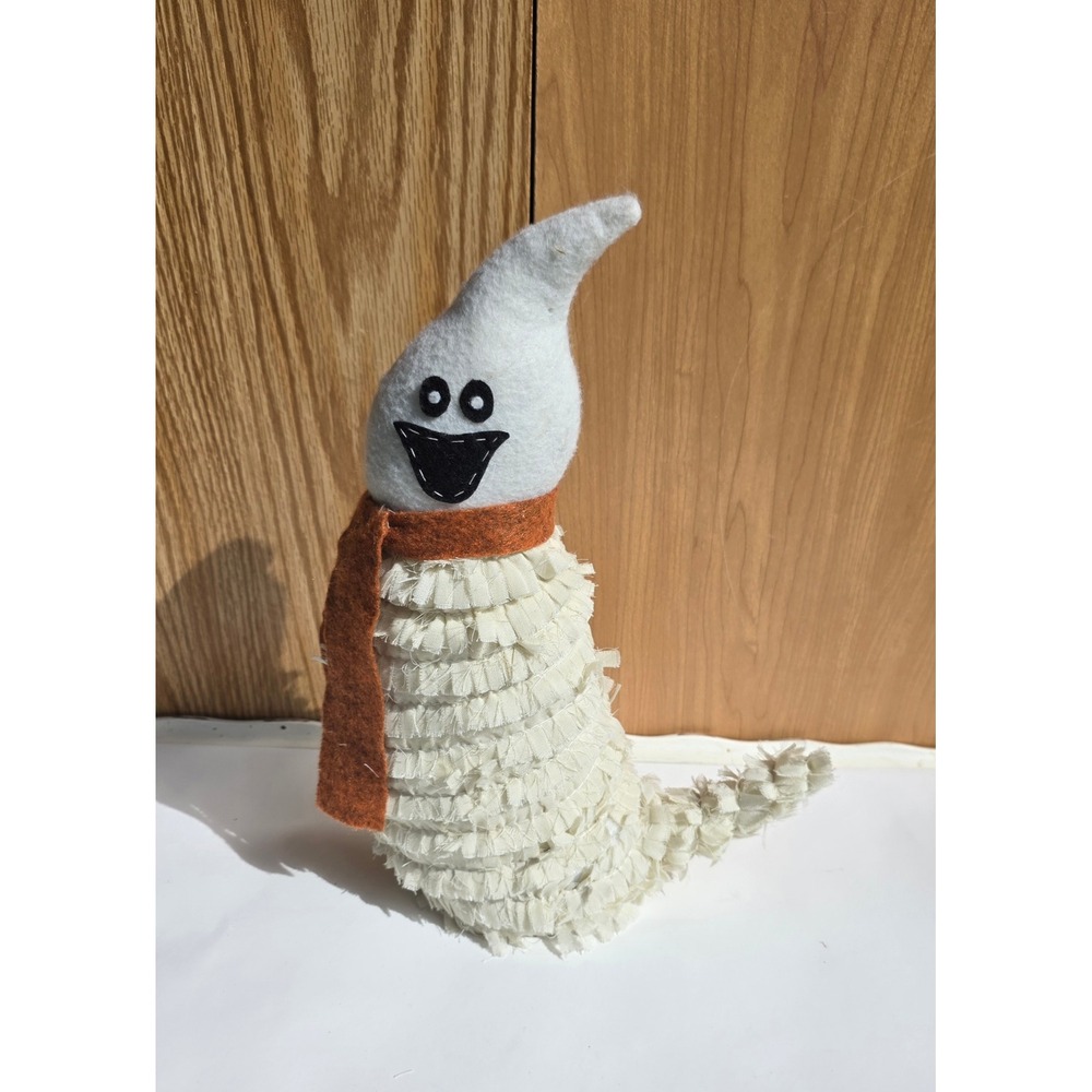 Halloween Ghost Plush Figurine Ruffled Fabric Body Orange Scarf Decor 12in